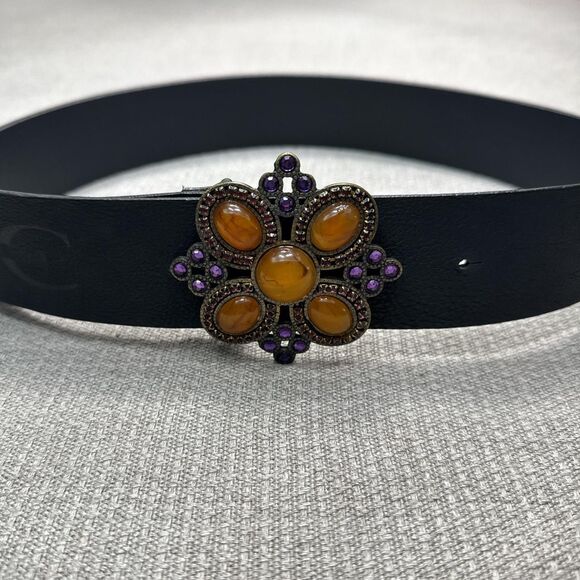 Vintage Just Cavalli 90s black leather belt statement buckle gems rhinestones - Picture 3 of 8